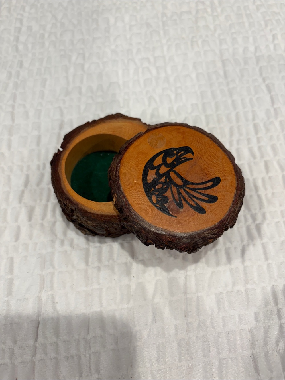 Bill Helin Handcrafted Wood Trinket  Box with Eagle Motif 
2 1/2” diameter